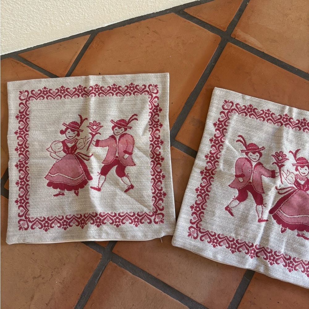 Vintage Dance Couple Linen pillowcases - Red on Cream (Pair)